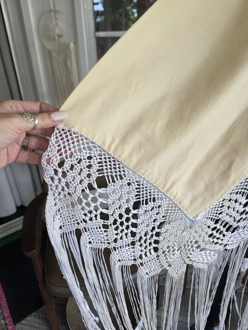Vintage 70s Dramatic Fringe Wrap Boho Hippie Cream Shawl with White Fringe